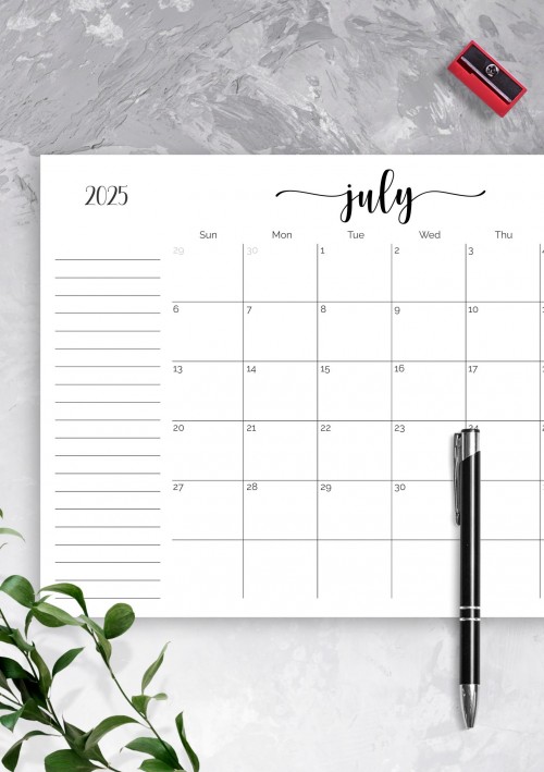 Monthly Calendar July 2025 with Notes Section