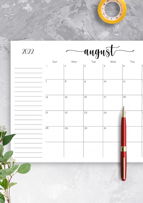 August 2022 Calendar with Notes Section