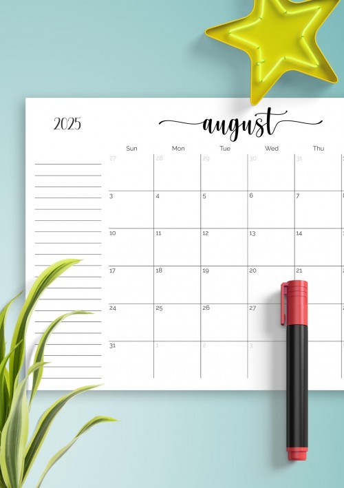 Monthly Calendar August 2025 with Notes Section