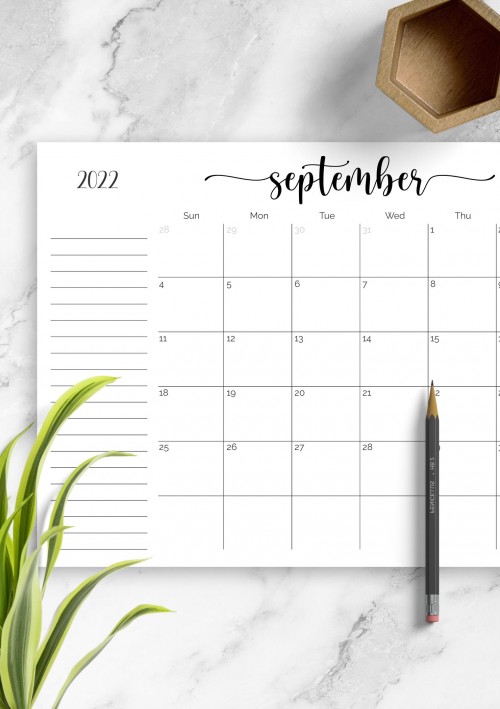 September 2022 Calendar with Notes Section