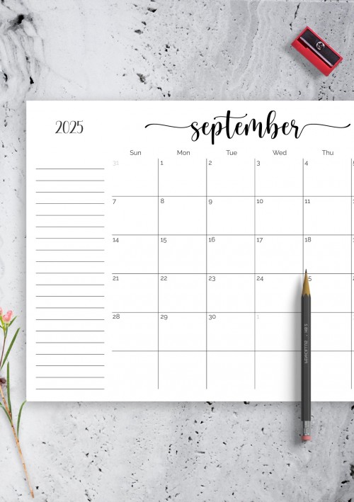 Monthly Calendar September 2025 with Notes Section
