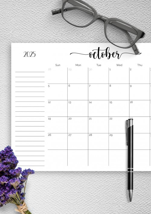 Monthly Calendar October 2025 with Notes Section