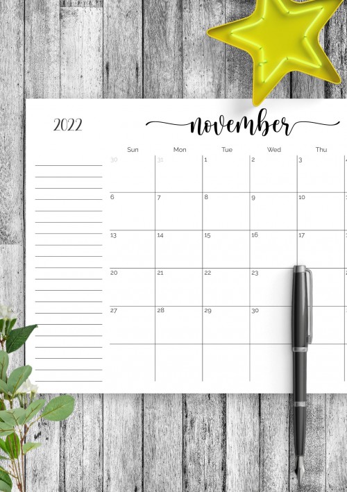 November 2022 Calendar with Notes Section