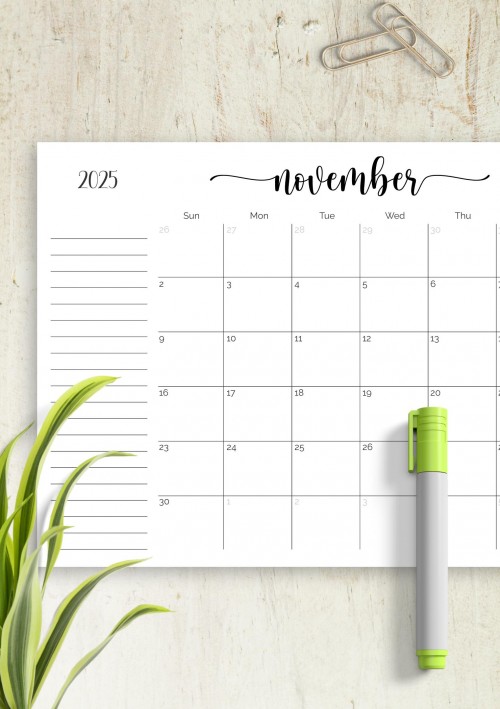 Monthly Calendar November 2025 with Notes Section