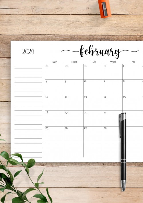 Monthly Calendar February 2024 with Notes Section