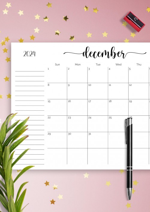 December 2024 Calendar with Notes Section