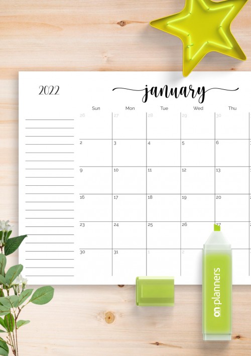 Monthly Calendar January 2022 with Notes Section