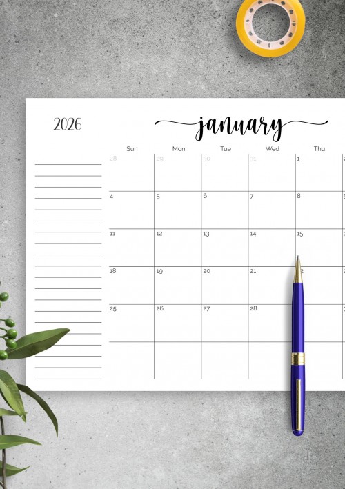 January 2026 Calendar with Notes Section