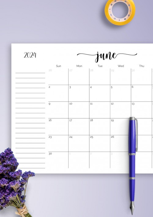 Monthly Calendar June 2023 with Notes Section