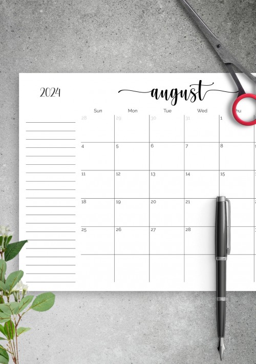 August 2023 Calendar with Notes Section