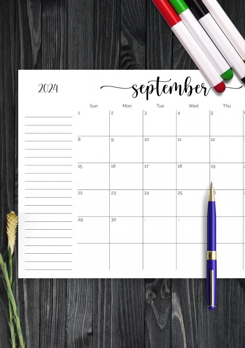 September 2023 Calendar with Notes Section