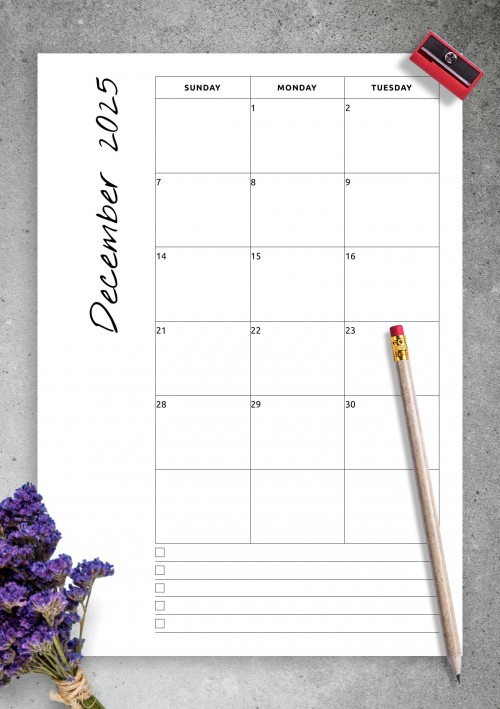 December 2025 Calendar with Notes