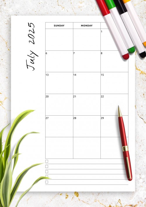 July 2025 Calendar with Notes