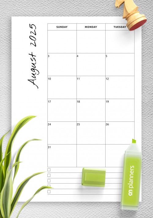 August 2025 Calendar with Notes