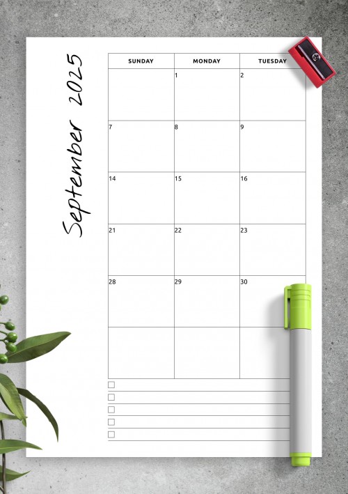 September 2025 Calendar with Notes