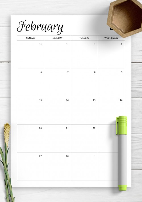 Monthly Calendar Template for February 2022