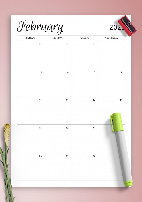 Monthly Calendar Template for February 2023