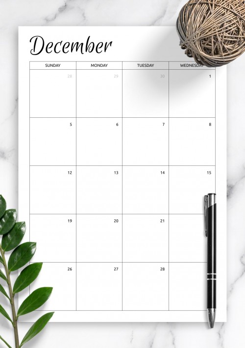 Monthly Calendar Template for December 2021