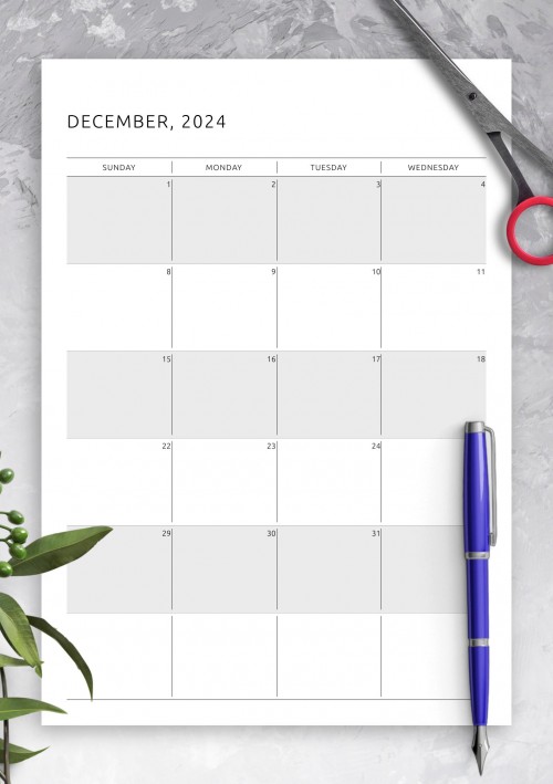 Monthly Calendar Template for December 2024