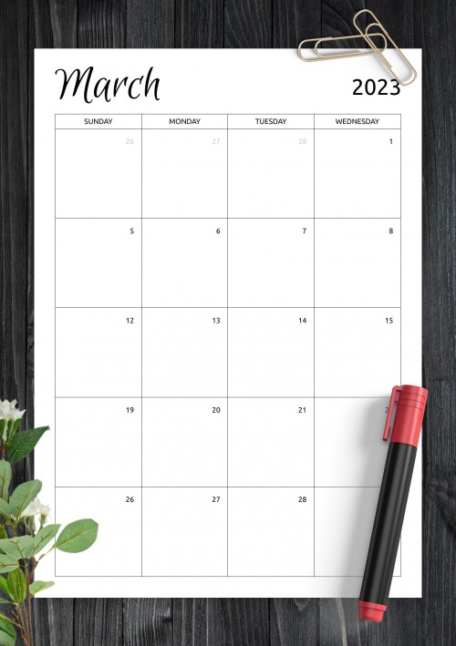 Monthly Calendar Template for March 2023