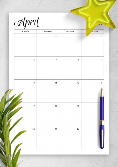 Monthly Calendar Template for April 2022