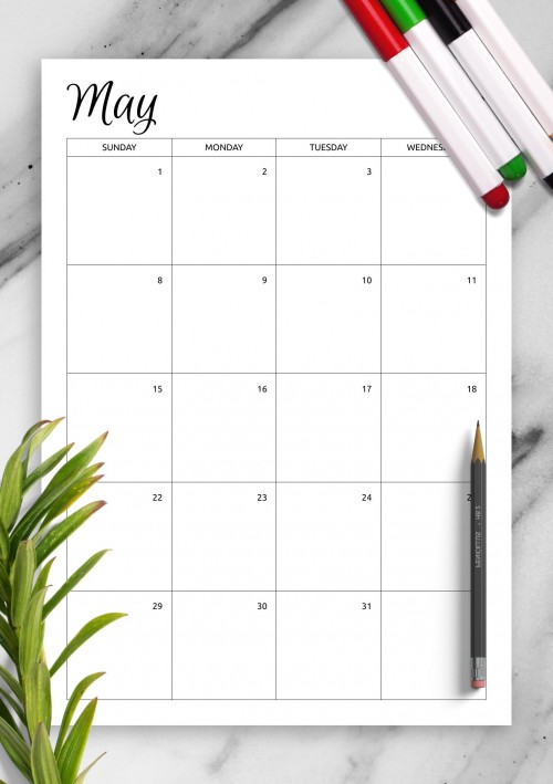 Monthly Calendar Template for May 2022