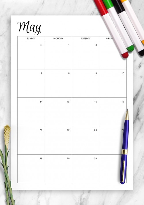 Monthly Calendar Template for May 2023