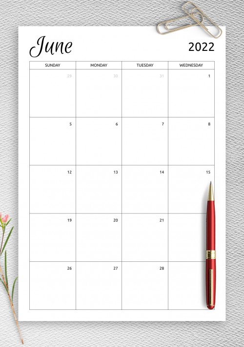 Monthly Calendar Template for June 2022
