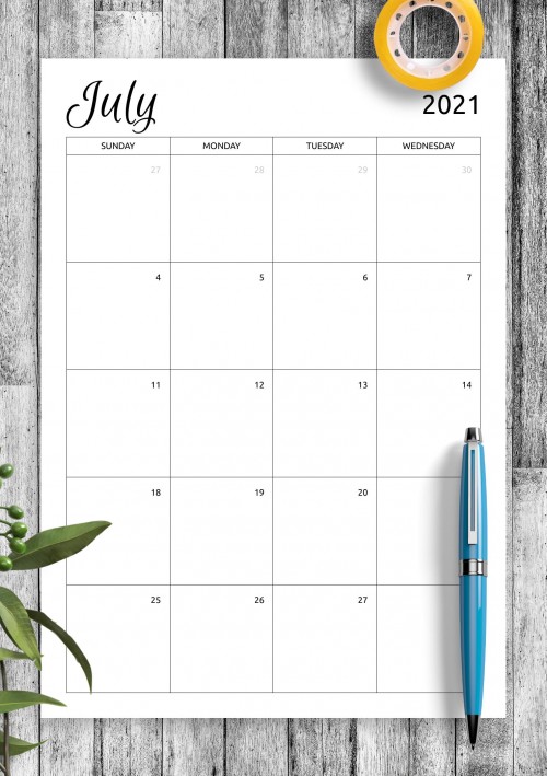 Monthly Calendar Template for July 2021