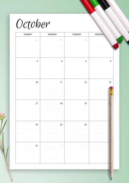 Monthly Calendar Template for October 2021