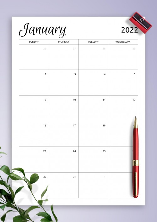 Monthly Calendar Template for January 2022