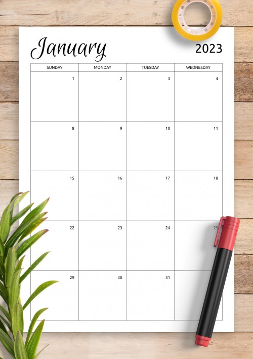 Monthly Calendar Template for January 2023
