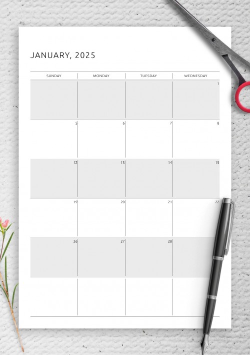 Monthly Calendar Template for January 2025