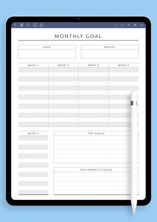 Monthly Goal Setting for 5 Weeks Template for Notability