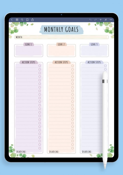 iPad Monthly Goals with Action Steps - Floral Style Template