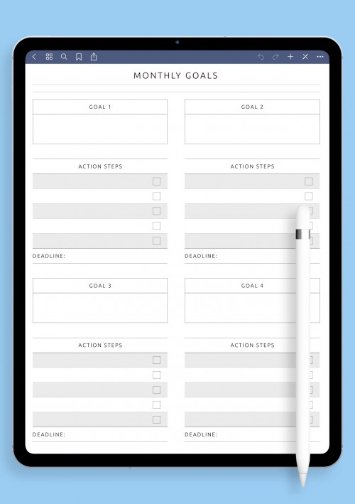 Monthly Goals and Review Template for iPad Pro