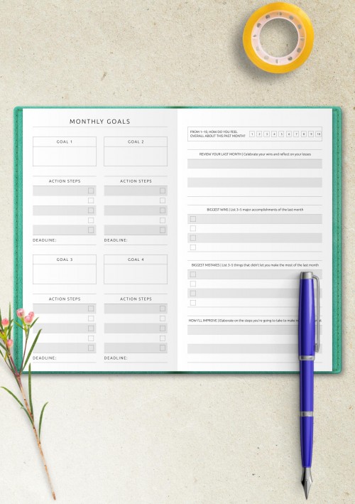 Monthly Goals and Review Travelers Notebook Template