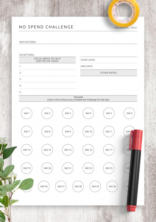 December 2024 No Spend Challenge Tracker