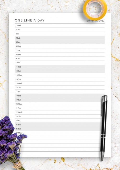 February 2023 One Line a Day Monthly Planner 