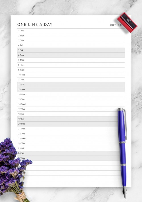 July 2025 One Line a Day Monthly Planner 