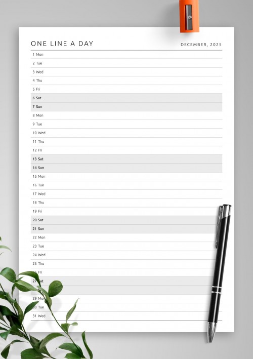 December 2025 One Line a Day Monthly Planner 