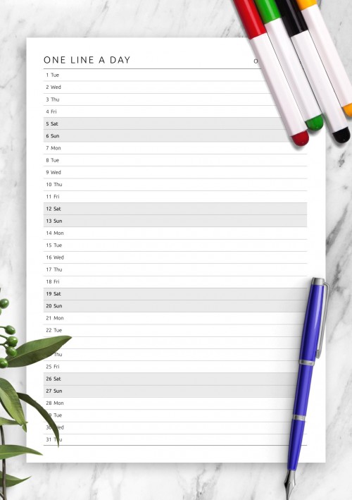 October 2024 One Line a Day Monthly Planner 