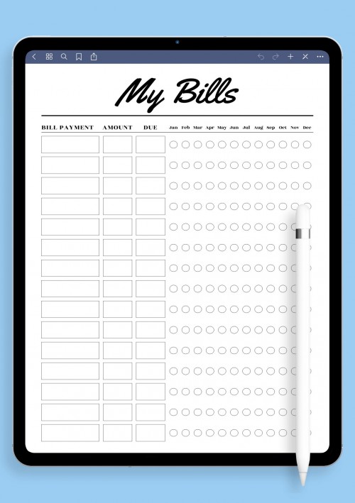 My Bills budget planner template for iPad
