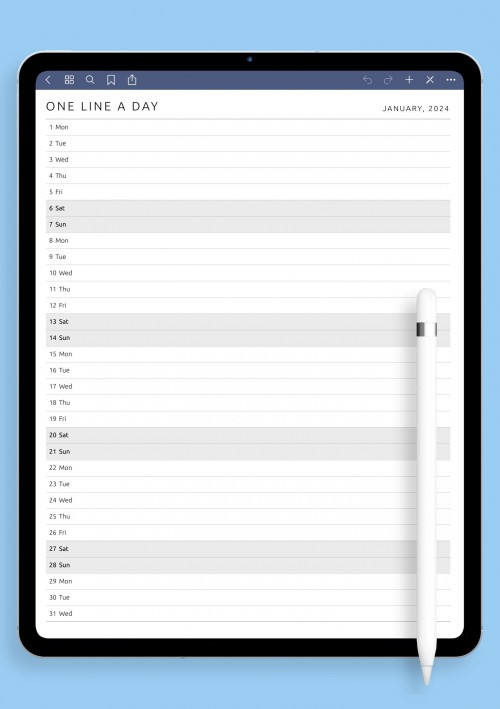One Line a Day Monthly Planner Template for GoodNotes