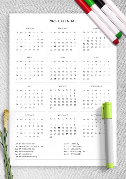 One Page 2025 Calendar with Holidays Template