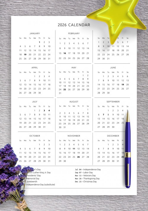 One Page 2026 Calendar with Holidays Template