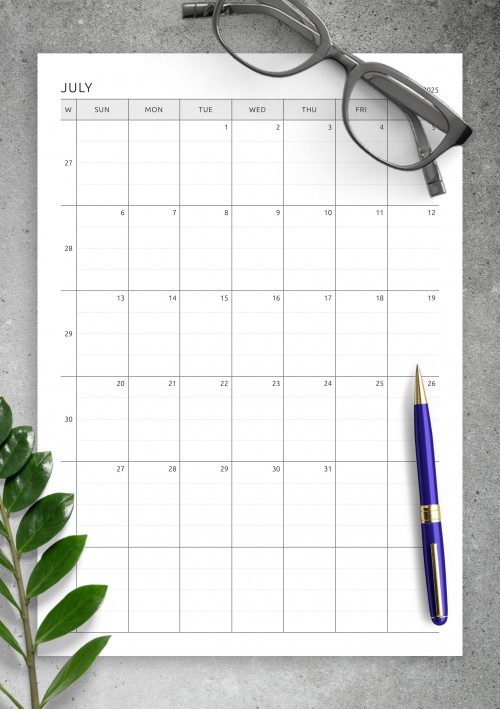 One Page Lined July 2025 Calendar
