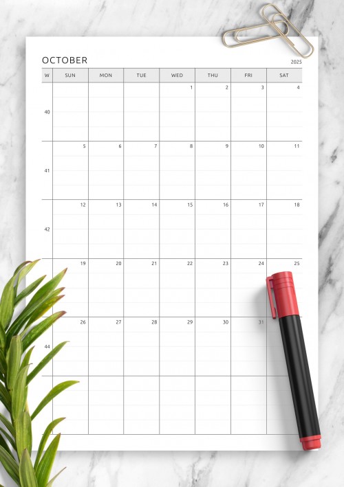 One Page Lined October 2025 Calendar
