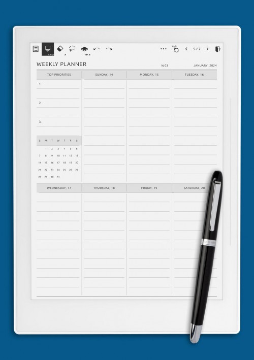 Supernote A6X One-Page Weekly Schedule with All Days Equal Size
