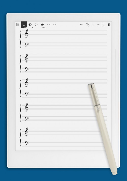 Piano Grand Staff (Treble + Bass Clefs) template for Supernote
